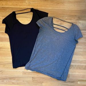 (2) C9 by Champion women’s athletic short sleeved shirts, black and gray.